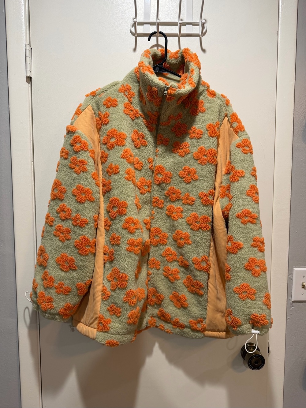 BiBi Sage Green Teddy Jacket with Orange Floral Appliqués